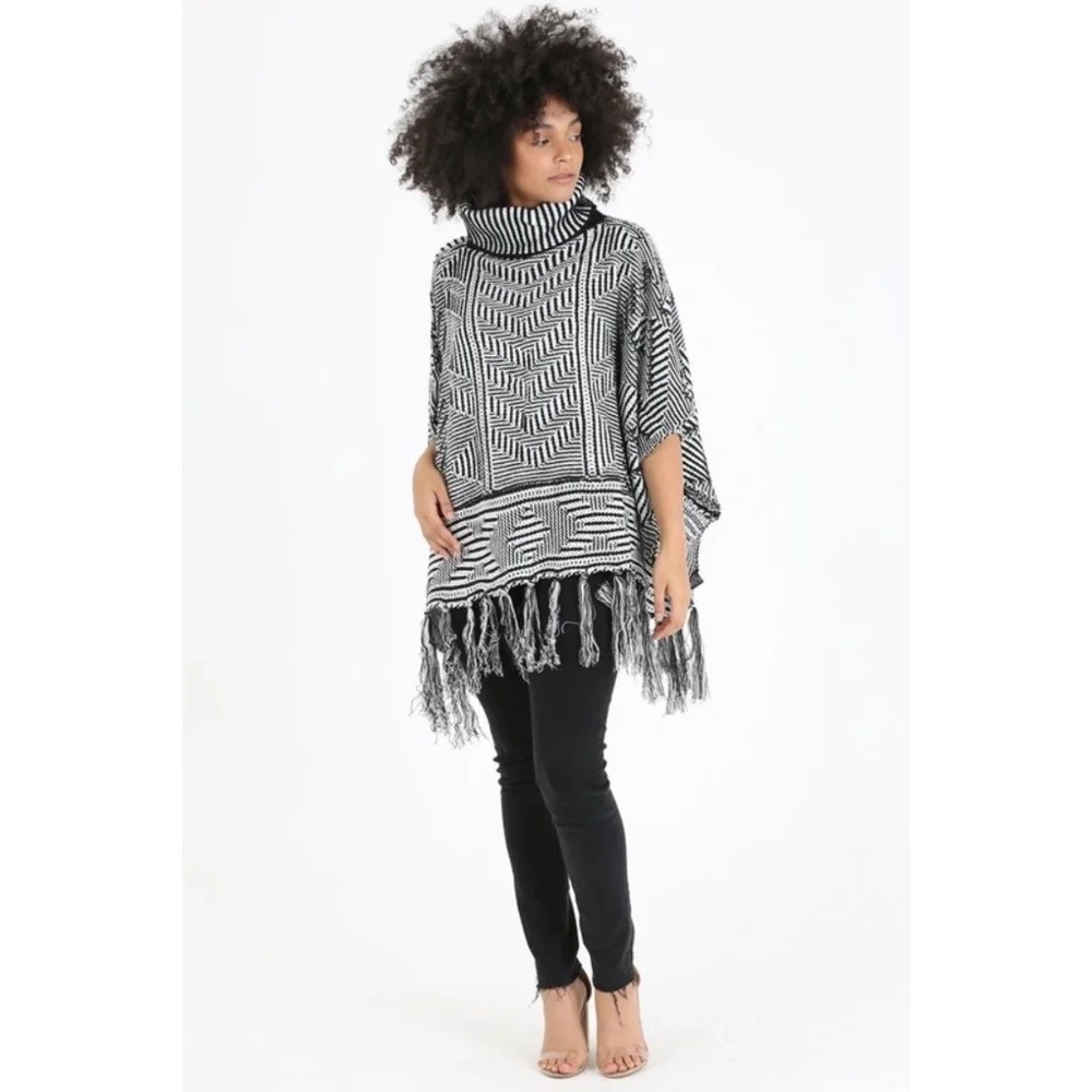 Angie Black White Turtleneck Fringe Poncho Sweater | Boho Fall Winter Layer